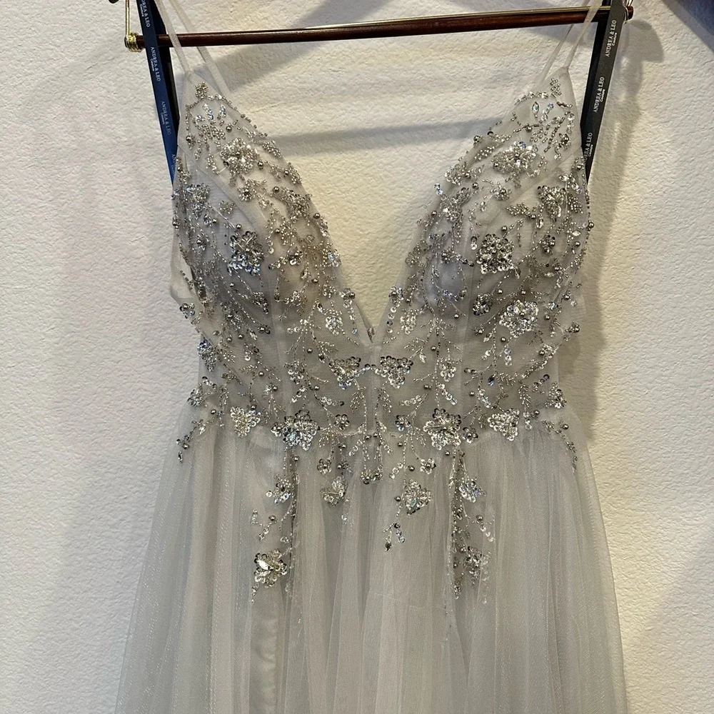 Elegant Silver Embellished Evening Gown - Picture 3 of 16